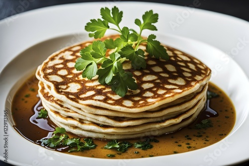Clear broth wrapped in sinuous strips of tender pancakes with fresh parsley, KI generated