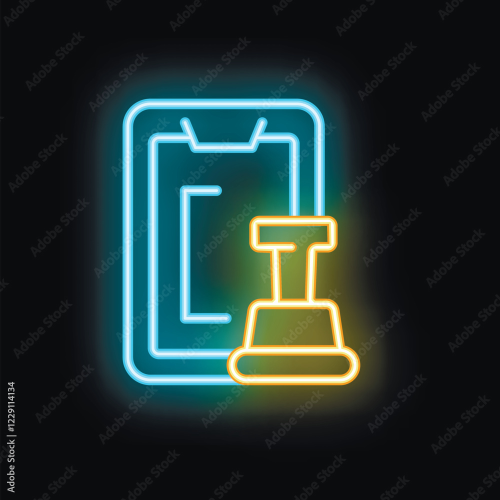 Neon sign showing a mobile phone with a notification bell, glowing on a black background Neon sign showing a mobile phone with a notification bell, glowing on a black background
