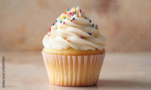 Delicious vanilla cupcake topped with creamy frosting and colorful sprinkles, perfect for celebrations and desserts