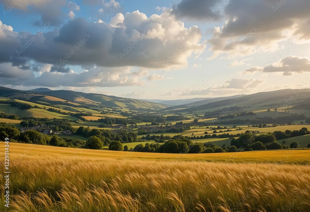 Obraz premium A picturesque view of a golden summer field and rolling hills in Scotland, with a small village in the distance.
