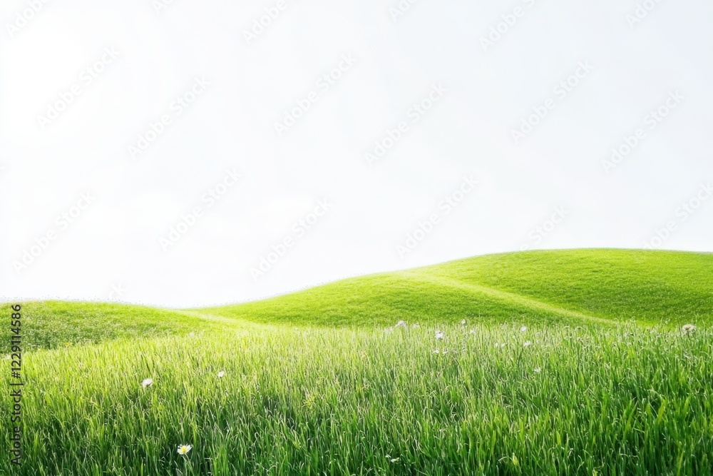 Naklejka premium A gentle green hill with wildflowers under a clear blue sky, representing the tranquility of nature and simplicity