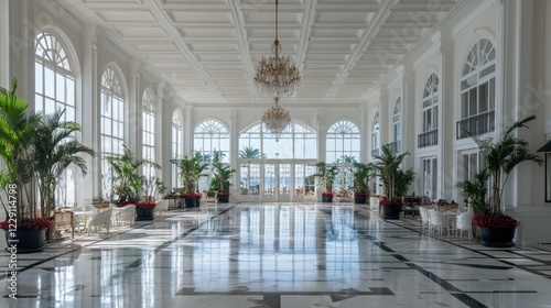 A grand, bright hall with high ceilings, elegant chandeliers, and marble flooring.