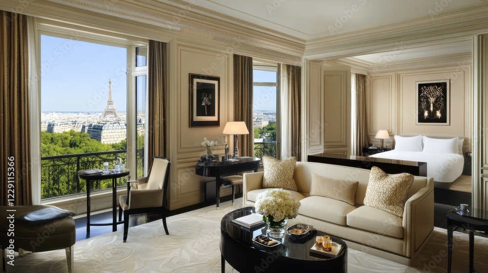 Fototapeta premium A high-end hotel suite with a modern, luxurious interior and elegant furniture arrangement.