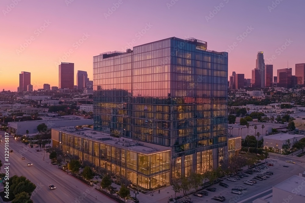 Fototapeta premium Aerial view of downtown Los Angeles showcasing modern skyscrapers at sunset, Aerial of the tall buildings of downtown Los Angeles at dawn