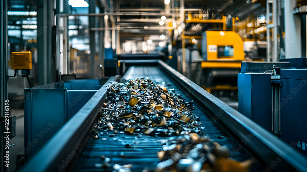 Industrial recycling facility with conveyor belt sorting metal scraps Industrial recycling facility with conveyor belt sorting metal scraps