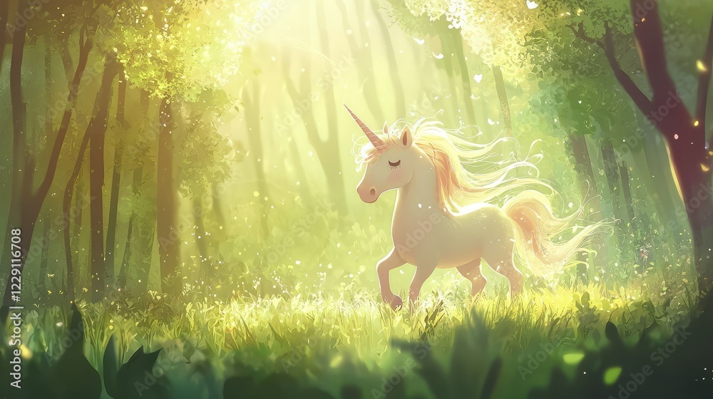 Fototapeta premium Enchanted Unicorn Wandering Through a Mystical Forest Clearing