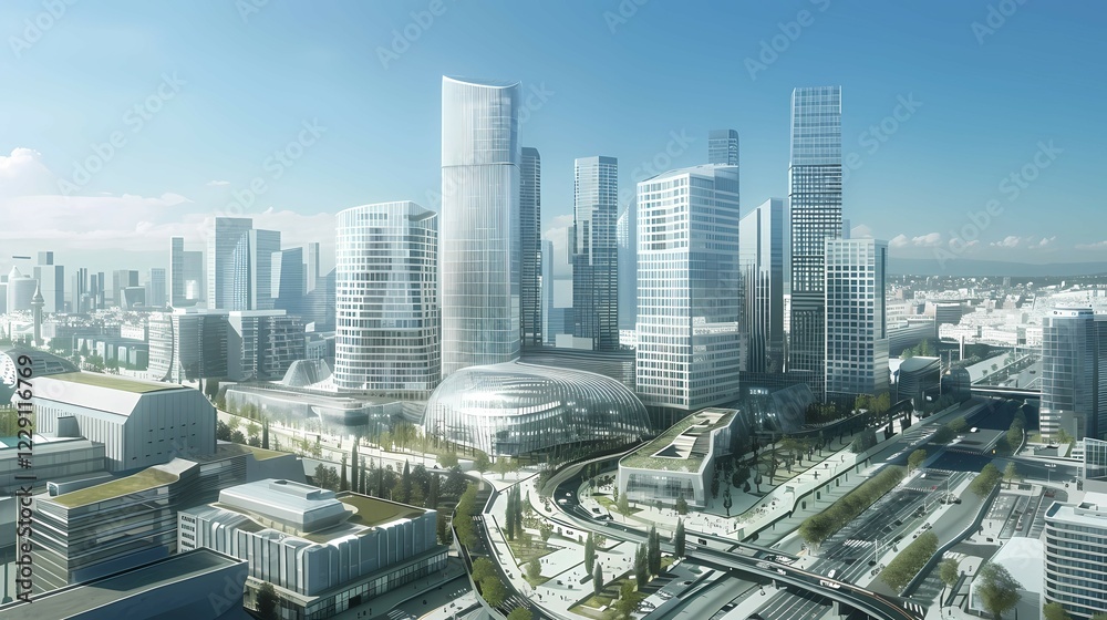 Obraz premium Futuristic cityscape with modern skyscrapers and reflective glass facades, Paris, illustration, AI generated
