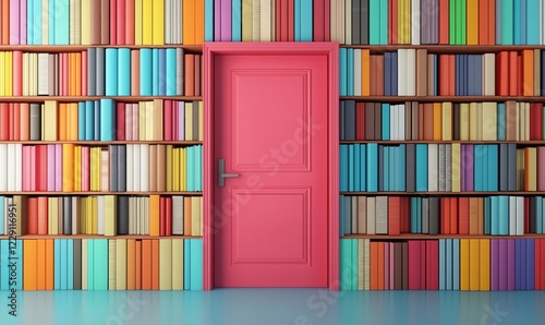 Colorful bookshelf with vibrant pink door, showcasing a variety of books in multiple colors and sizes, creating a whimsical and inviting atmosphere