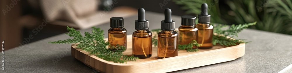 Three glass bottles of essential oils on a wooden tray, ready for use Three glass bottles of essential oils on a wooden tray, ready for use