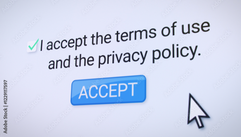 Illustration of a website with the terms of use and privacy policy and the button for accept and a checkbox for confirmation. Illustration of a website with the terms of use and privacy policy and the button for accept and a checkbox for confirmation.