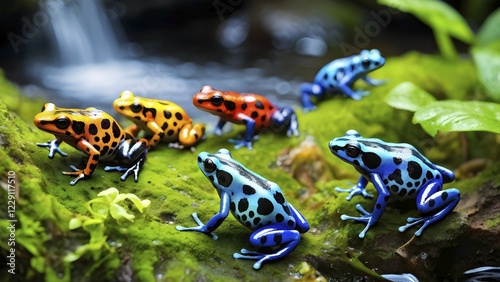 Brightly colored poison dart frogs converging around a translucent stream, AI generated photo