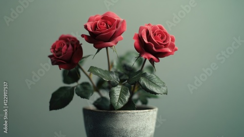 A still life of three red roses in a vase on a table, suitable for use as a decorative element or symbolizing love and romance