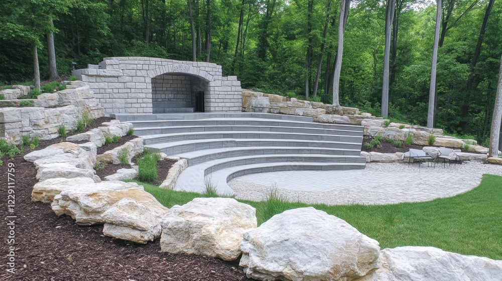 A modern outdoor amphitheater with clean seating arrangements and scenic views. A modern outdoor amphitheater with clean seating arrangements and scenic views.