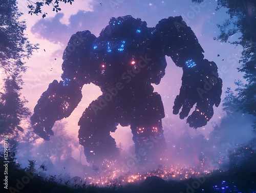 towering Juggernaut Titan in the midst of a surreal twilight forest, illuminated by soft, shimmering lights  photo