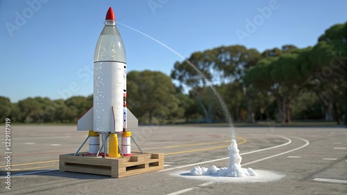 Exciting homemade rocket experiment using a plastic bottle, baking soda, and vinegar to demonstrate chemical reactions and thrust in action.