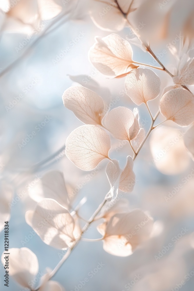 Delicate leaves with a frosted glass effect create an ethereal ambiance as sunlight filters through, illuminating their gentle shapes in a tranquil garden environment Delicate leaves with a frosted glass effect create an ethereal ambiance as sunlight filters through, illuminating their gentle shapes in a tranquil garden environment