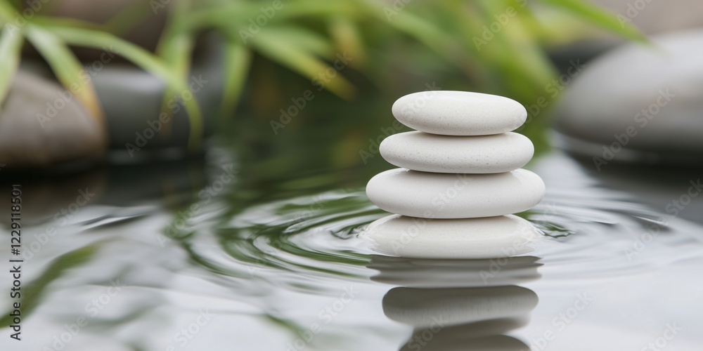 Obraz premium Stacked white stones in tranquil water creating ripples surrounded by green foliage