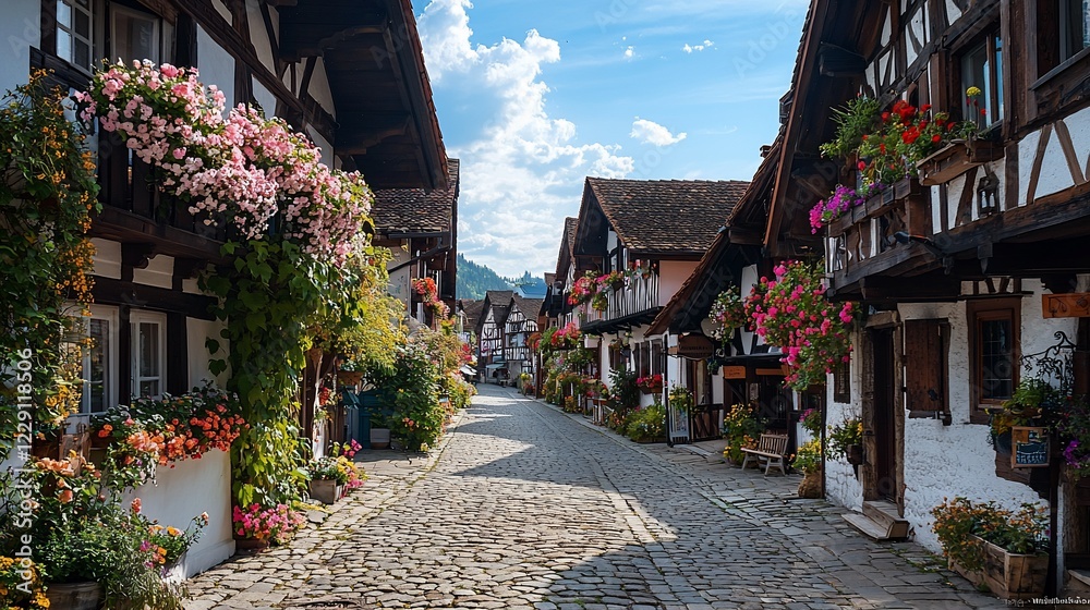 Fototapeta premium Charming cobblestone street, flower-filled half-timbered houses, village backdrop, idyllic postcard scene