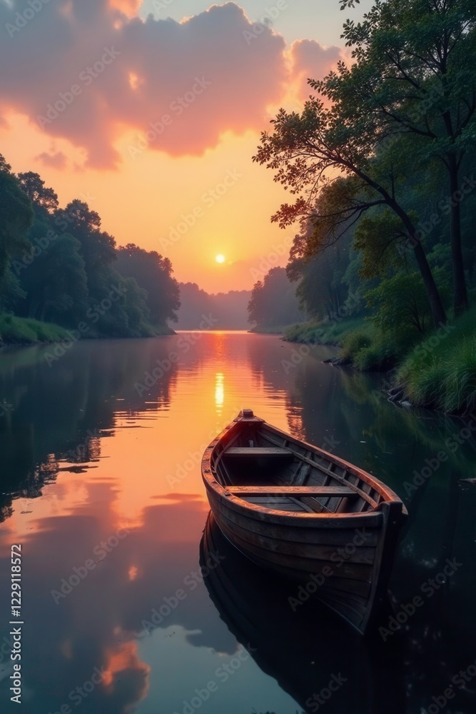 Sunset over the river with a small wooden boat, peaceful, wood Sunset over the river with a small wooden boat, peaceful, wood