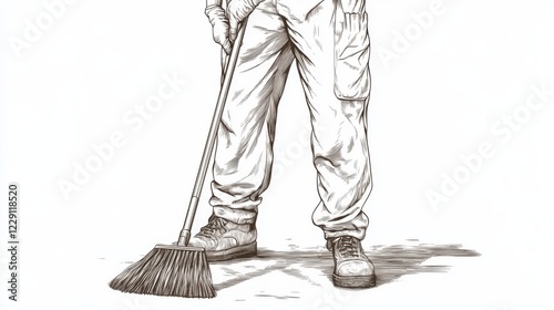 A detailed sketch of a person sweeping the ground with a broom.