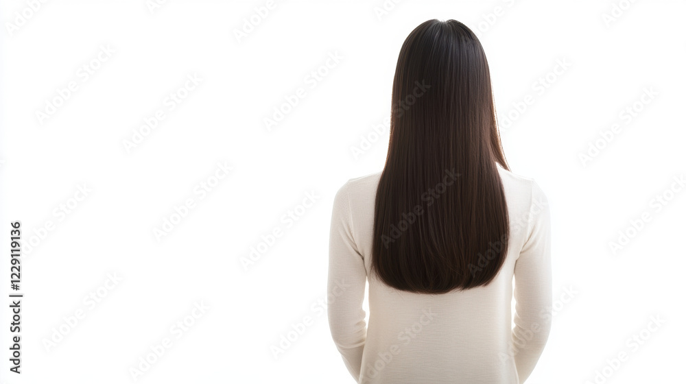 Obraz premium close up view from behind of young woman with long, straight hair, wearing light sweater, standing against bright background. image conveys sense of calm and introspection