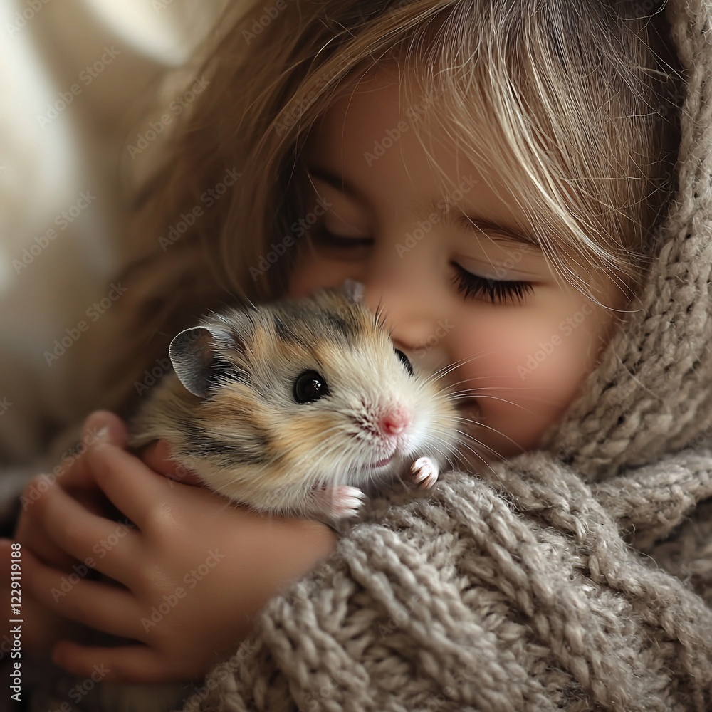 Child cuddling hamster, home interior, winter Child cuddling hamster, home interior, winter