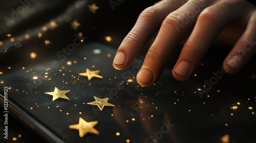 close up on customer man hand pressing on smartphone screen with gold five star rating feedback icon and press level excellent rank for giving best score point to review the service , business concep photo