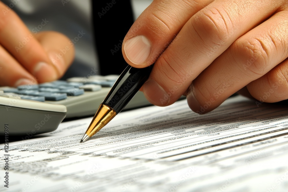Business man creating a financial report with pen and calculator on a desk in an office setting, close up business man making a financial report Business man creating a financial report with pen and calculator on a desk in an office setting, close up business man making a financial report