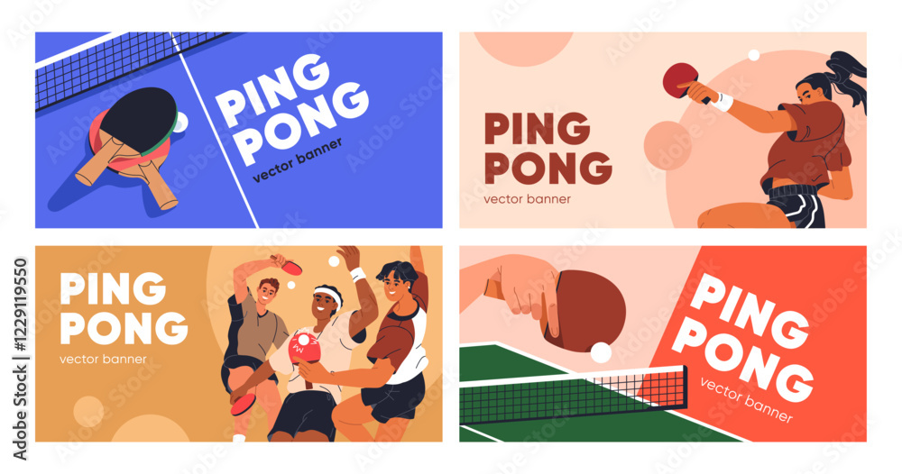 Ping pong, advertising banner designs set. Table tennis, horizontal promotion backgrounds for sports game with players, rackets and balls. PIngpong tournament promo cards. Flat vector illustration