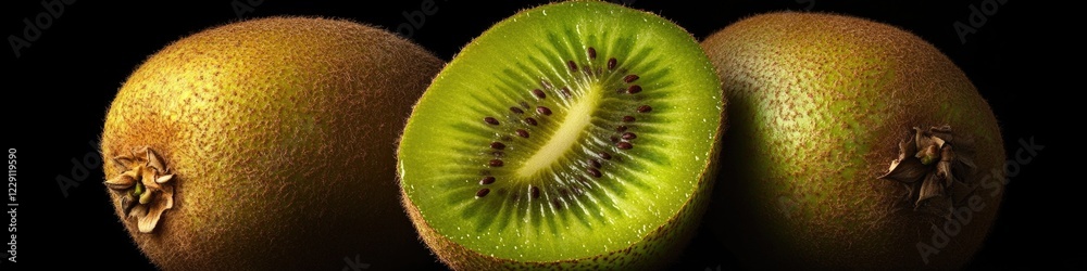 A close-up shot of a kiwi fruit cut in half, showcasing its green and brown interior A close-up shot of a kiwi fruit cut in half, showcasing its green and brown interior