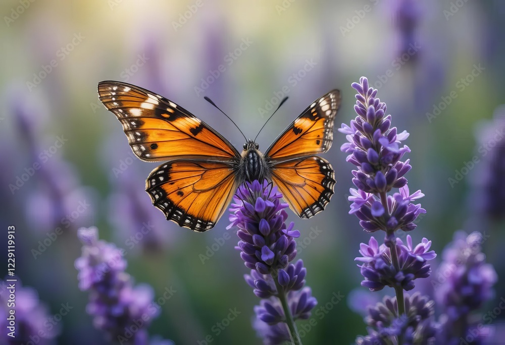 A butterfly resting on a lavender flower with a blurred background of more flowers and trees A butterfly resting on a lavender flower with a blurred background of more flowers and trees