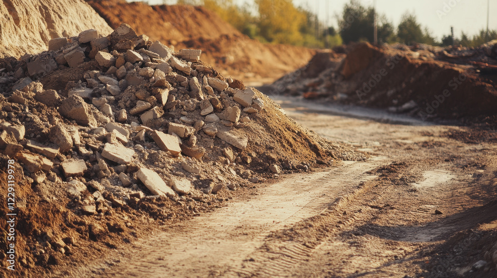 Construction site with piles of soil and broken bricks, showcasing raw materials and earthworks involved in building projects Construction site with piles of soil and broken bricks, showcasing raw materials and earthworks involved in building projects