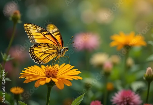 A Yellow Glassy Tiger butterfly in flight over colorful flowers in a garden photo