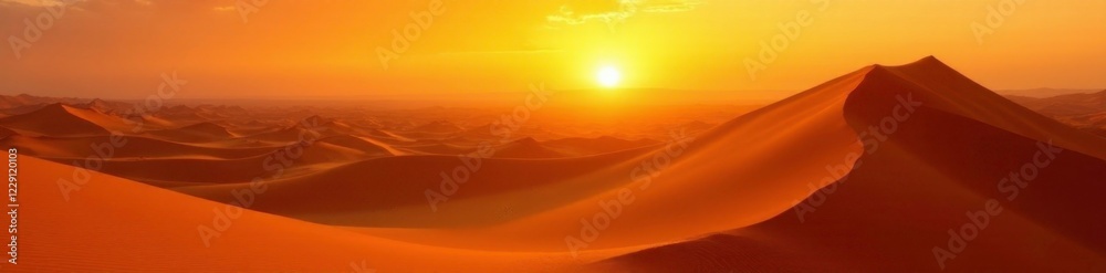Sunset over towering golden sand dune in Sahara desert, orange, golden, natural Sunset over towering golden sand dune in Sahara desert, orange, golden, natural