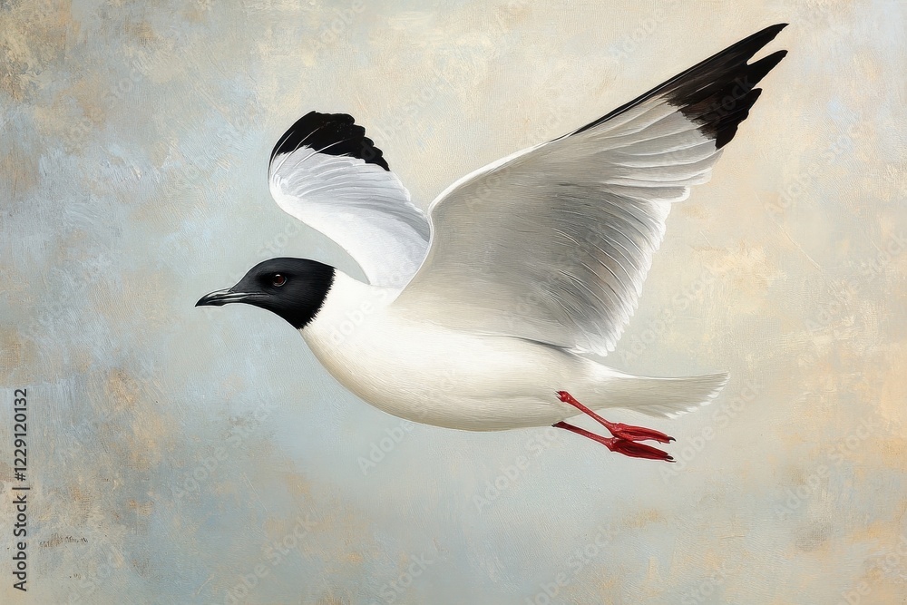 Obraz premium Pallass gull soaring gracefully against a soft background, Pallas's gull or great black-headed gull Ichthyaetus ichthyaetus is a large gull