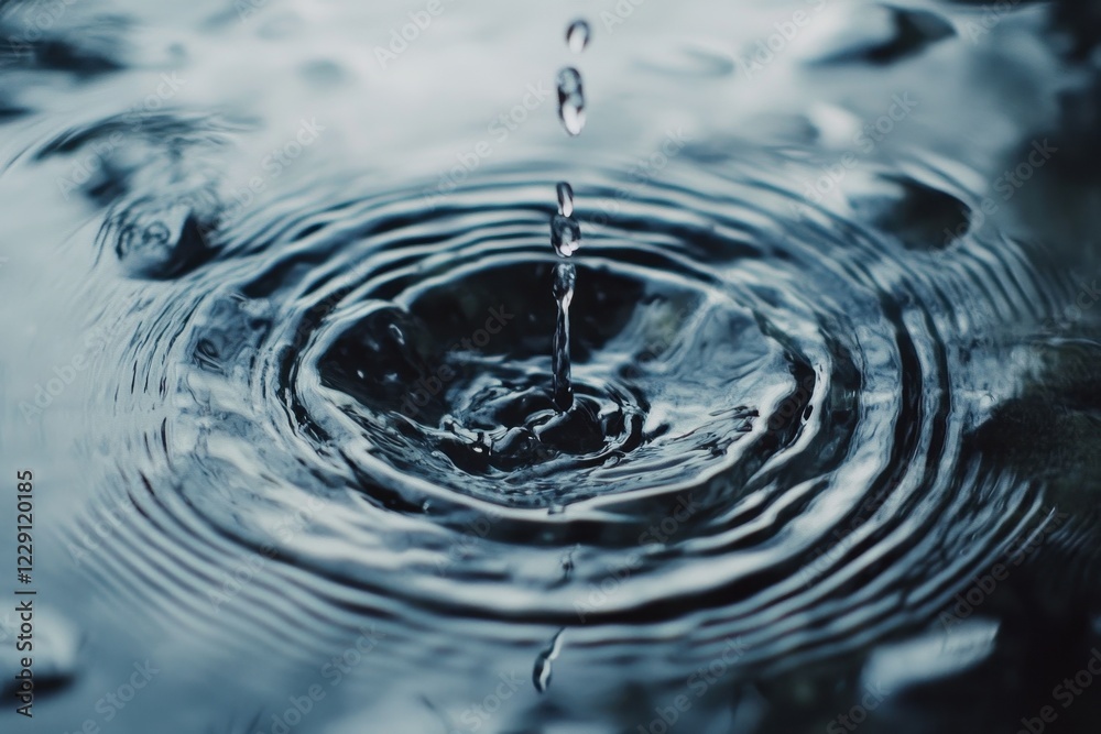 Falling clear water drop creates circular waves on calm surface in slow motion, Falling Clear Water drop with circular waves in slow motion Falling clear water drop creates circular waves on calm surface in slow motion, Falling Clear Water drop with circular waves in slow motion