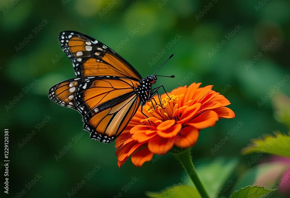 A monarch butterfly drinking nectar from a purple flower, with a blurred background of colorful flowers and greenery. A monarch butterfly drinking nectar from a purple flower, with a blurred background of colorful flowers and greenery.