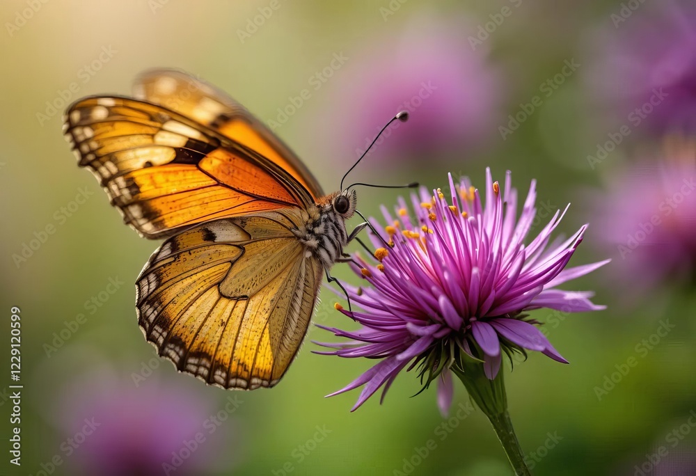 A monarch butterfly drinking nectar from a purple flower, with a blurred background of colorful flowers and greenery. A monarch butterfly drinking nectar from a purple flower, with a blurred background of colorful flowers and greenery.
