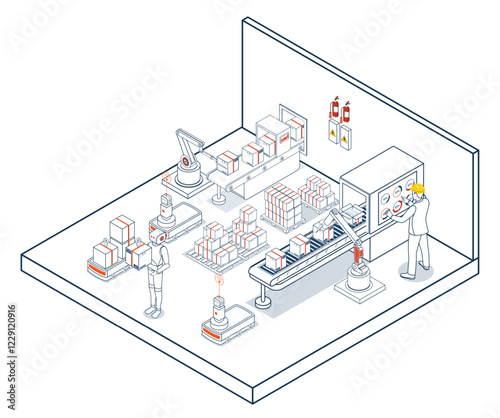 A robot arm picks up boxes in this warehouse automation concept, seamlessly handing them off to Autonomous Guided Vehicles (AGVs) for efficient transportation.