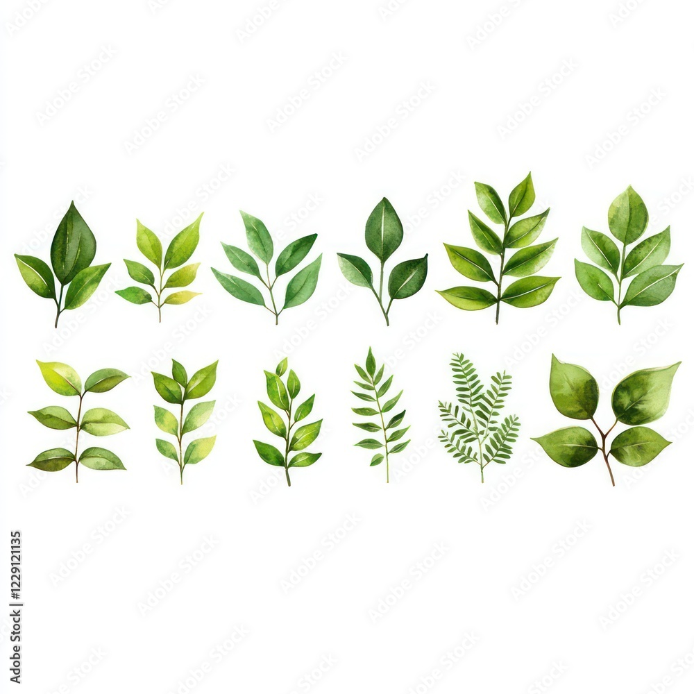 Obraz premium Watercolor tropical leaves and foliage, horizontal banner with a white background