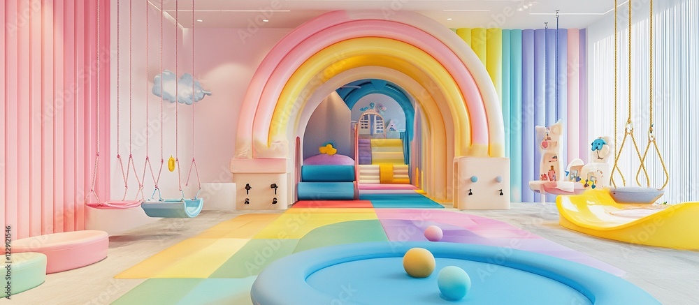 Fototapeta premium Rainbow playroom with soft, colorful play structures and ball pit.