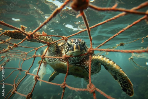 A sea turtle, hawksbill turtle caught in a fishing net, symbolic image for endangered species, marine animals pollution, marine pollution, pollution of the oceans, AI generated, AI generated, AI generated photo