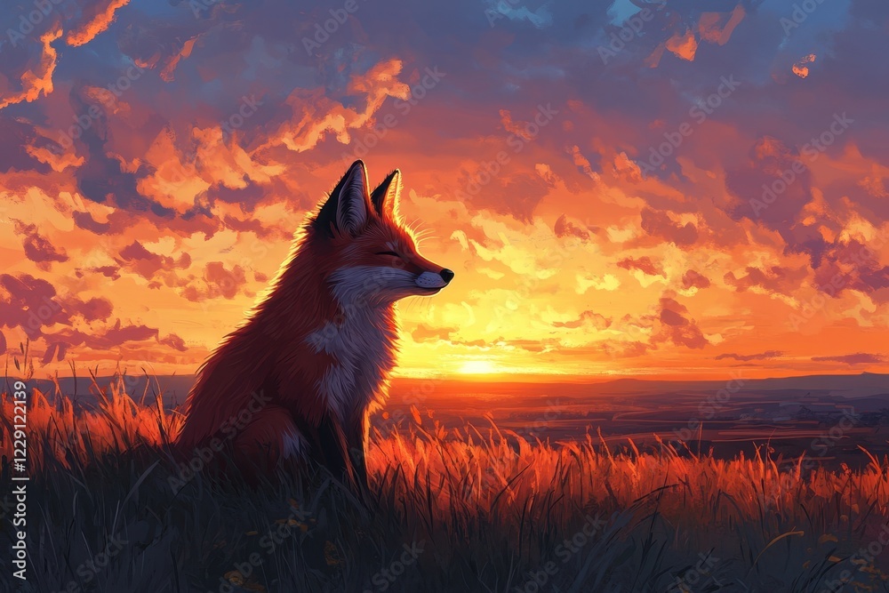 Resting red fox silhouette against a vibrant sunset sky in a tranquil landscape, A standing red fox is resting during sunset Resting red fox silhouette against a vibrant sunset sky in a tranquil landscape, A standing red fox is resting during sunset