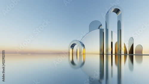 Fototapeta Naklejka Na Ścianę i Meble -  3d illustration of abstract minimal architecture background, geometric architectural with chrome or metallic arch design