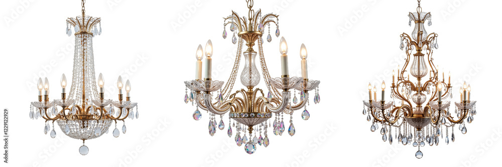 Elegant Crystal Chandeliers Featuring Ornate Gold Frames and Decorative Droplets Elegant Crystal Chandeliers Featuring Ornate Gold Frames and Decorative Droplets