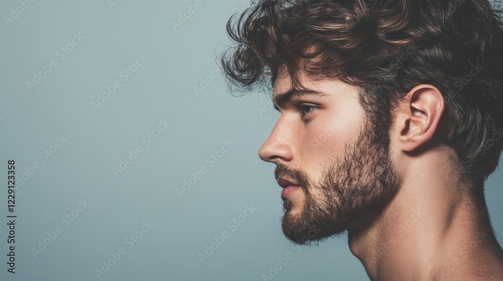 The young man poses confidently with a stylish curly hairstyle while softly lit from the side, highlighting his facial features and beard The young man poses confidently with a stylish curly hairstyle while softly lit from the side, highlighting his facial features and beard