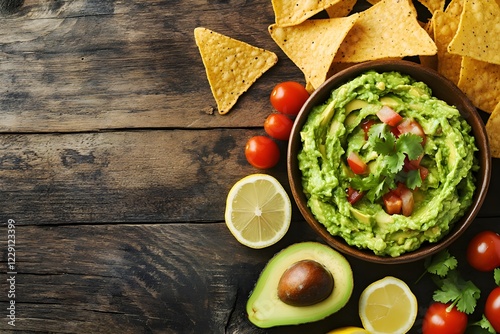 Bowl of guacamole with nachos, avocado, lemon, and tomato on a wooden table photo
