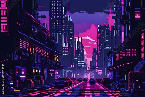 Pixel art of a cyberpunk city scape at night with neon infused skyline, AI generated photo