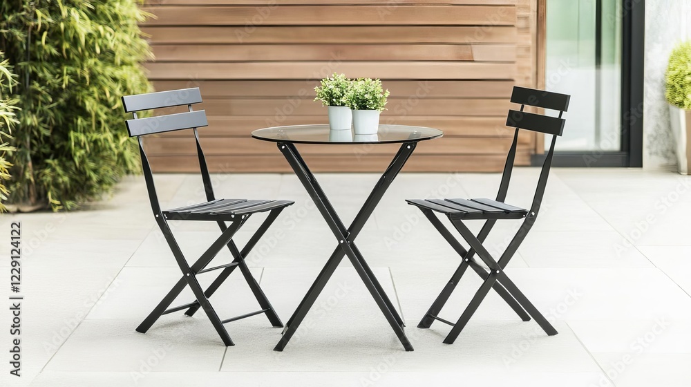 Fototapeta premium Compact outdoor bistro set with sleek steel frames and glass tabletop