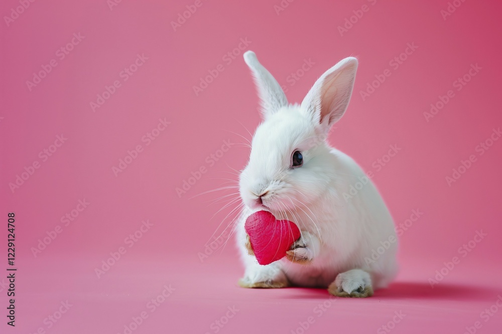 Fototapeta premium Cute white bunny holding pink heart in front of pastel pink background with copy space. Generative Ai, AI generated